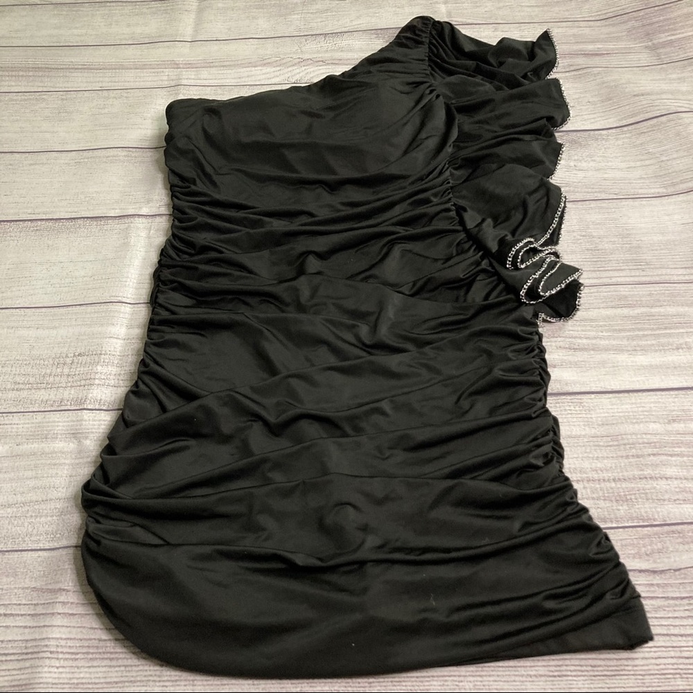 XOXO Ruffle One Shoulder Ruched Black Dress